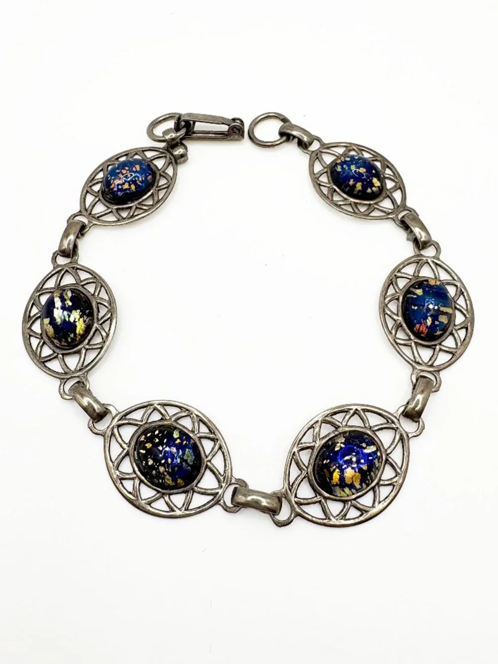 Vintage Blue Foil Confetti Glass Bracelet Silver Tone